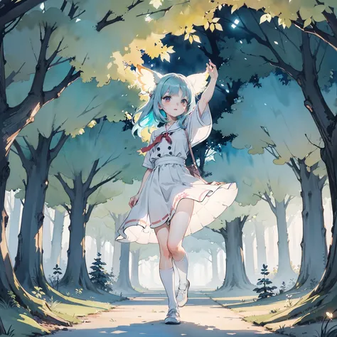 Beautiful and aesthetic,, Solo,Cute,colorfulhair，Dance，，Huge tree，(glowing ambiance, enchanting glow, luminouslighting, Ethereal atmosphere,Watercolor illustration, Perfect anatomy, Masterpiece, Best quality, 1girll, Loli,elementary student,Nature, landsca...