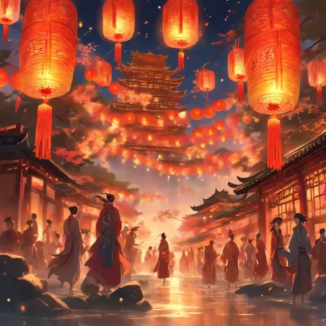 Festive lanterns, Family reunion, Moon cakes, Moon viewing, Impressionism, Qi Baishi, Dragon Dance, Panoramic view, warm light, festive light, colorful light