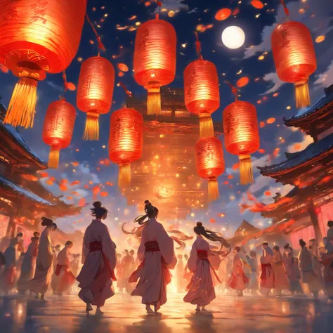 Festive lanterns, Family reunion, Moon cakes, Moon viewing, Impressionism, Qi Baishi, Dragon Dance, Panoramic view, warm light, festive light, colorful light