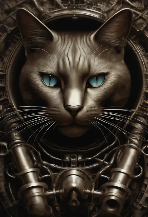 Front portrait of a cat face , giger, biomechanical body, sinister machine, plugged, pipes and cables, tenebrous, hyperrealistic, ultra detailed, intricate, oil painting by chris cold