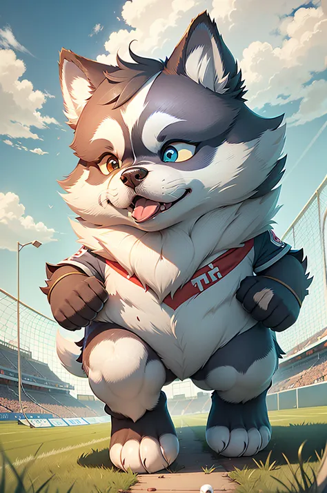 C4tt4stic,Siberian Husky dog in the cartoon of the legendary club soccer player kicking a soccer ball（The specifics of the appearance of the Siberian Husky Province、Body hair is light gray