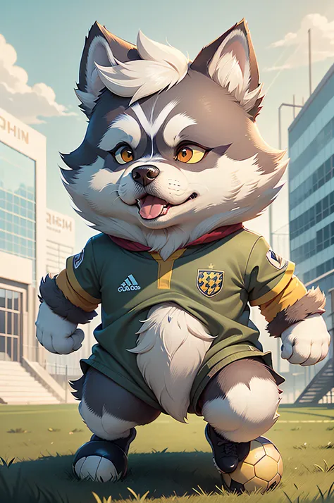 C4tt4stic,Siberian Husky dog in the cartoon of the legendary club soccer player kicking a soccer ball（The specifics of the appearance of the Siberian Husky Province、Body hair is light gray