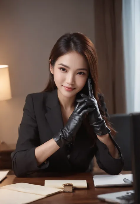 Wearing black leather gloves on both hands, Upper body, Black business suit, Facing the desk in my room with a computer in the dark, Look down and smile, Use a fountain pen to write a letter, Black hair was tied back for a long time, Female new employee wi...