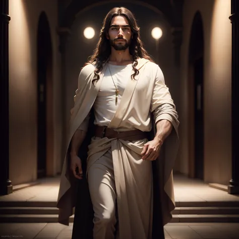 portrait of modern day Jesus, full body, cinematic lighting, depth of field, bokeh, realism, photorealistic, hyperrealism, professional photography, uhd, dslr, hdr