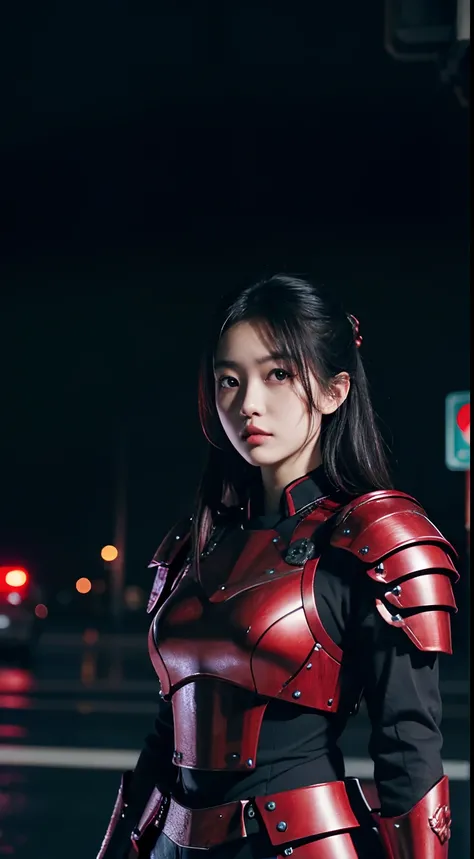 1 Japanese girl, battle armor, Intricate pattern, heavy metal, Energy lines, Faceless, Glowing eyes, elegant, Intense, blood red and black uniform, Solo, modern, City, Streets, Dark clouds, thunderstorm, heavy rain,, Dramatic lighting,, (Masterpiece:1.2), ...