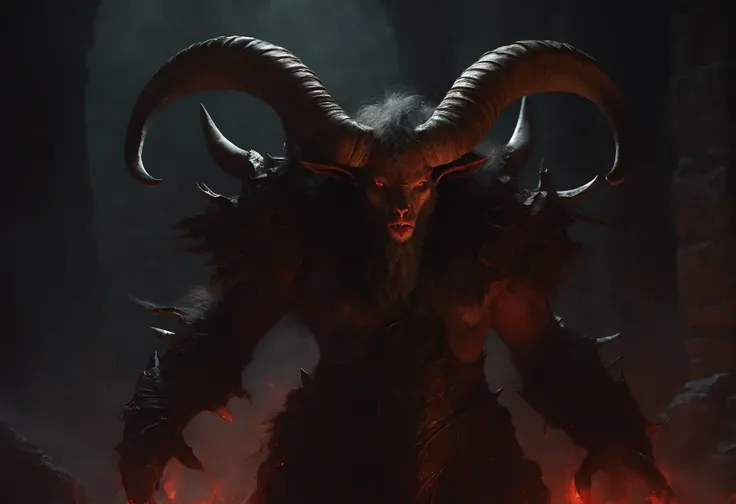 a goat-headed demon with large horns, strong and strong upper body, demon skins, skins, ((claws, wings)), demonic armor, blood splatters, skulls on the ground, standing in a blood ritual, medieval, dark room, dim light, masterpiece, realistic, oil painting