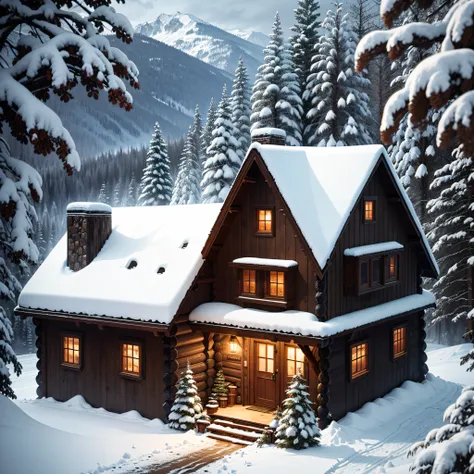 Rustic Cabin: A cozy log cabin nestled in the woods, adorned with wreaths and surrounded by a snowy landscape.