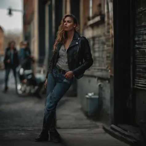 Full body portrait of a fierce and confident woman, dressed in a black leather jacket and ripped jeans, holding a vintage film camera, capturing the essence of rebellion and youth culture. The photograph should showcase a gritty urban setting with graffiti...