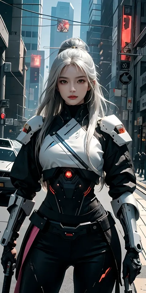 photorealistic, high resolution, soft light,1women, solo, hips up, (detailed face), white long hair, cybersamurai, cyborg, cyberpunk,  cyber armor, holding weapon,glowing,gun, sniper, on the street