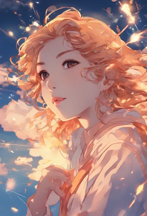 masterpiece, best quality, movie still, 1girl, cloud girl, floating in the sky, close-up, bright, happy, warm soft lighting, sunset, (sparks:1.7)