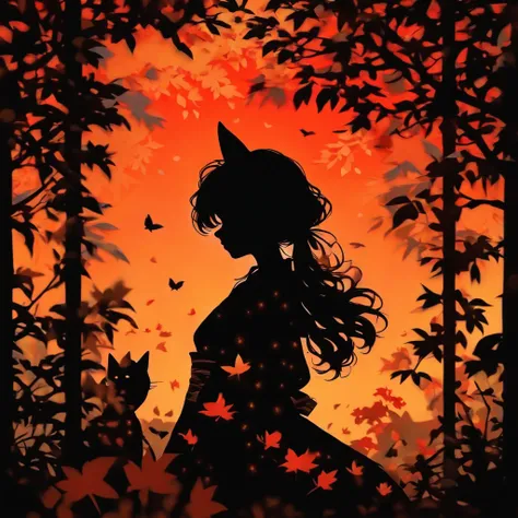 (Silhouette Art,cutouts:1.6)
(((Paper cutting art,A world where only black exists:1.3)

(Cowboy Shot),1 girl,Solo,
(Kimono Girl,profile:1.2),white, Clear and beautiful face,Black cat at feet

break
(Colored leaves、amarelo　Red:1.1)
Textured glass background...