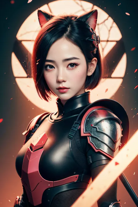 beautiful japanese young woman, wearing ninja armor, thick symmetrical features, very short hair, background is cherry blossoms, pink aura, red lips, octane render,