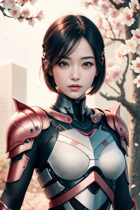 beautiful japanese young woman, wearing cyborg armor, thick symmetrical features, very short hair, background is cherry blossoms...