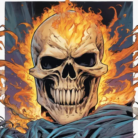 ghost rider, midshot, (cel-shading style:1.3), centered image, ultra detailed illustration, posing, (tetradic colors), inkpunk, (ink lines:1.1), strong outlines, art by MSchiffer, bold traces, unframed, high contrast, (cel-shaded:1.1), vector, 32k resoluti...