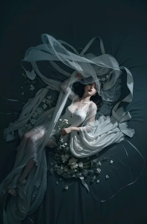 there is a woman in a white dress laying on a bed, inspired by Brooke Shaden, enveloped in ghosts, floating ghost, a stunning young ethereal figure, ghostly form, dreamy and ethereal and dark, covered with cobwebs and dust, ghost of a young girl, ghostly f...