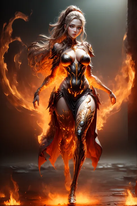 This is a realistic fantasy artwork prominently featuring realistic fire, including wisps of flames, glowing hot embers, subtle curls of smoke, and a beautiful fire druid. The druid stands in the midst of a raging inferno with an interesting composition. H...