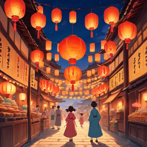 Festive lanterns, Family reunion, Moon cake, Moon viewing, Impressionism, Qi Baishi, Dragon dance, Panoramic view, Warm light, Holiday light, Colorful light