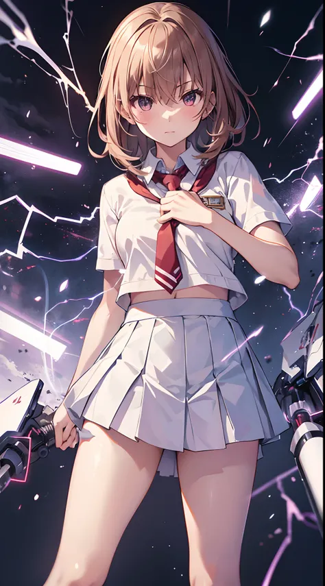 Misaka_mikoto, electricity, School_uniform, 1girl in, tokiwadai_School_uniform, Electrokinesis, psychic, Lightning beautiful and perfect legs, Clean and complete hands