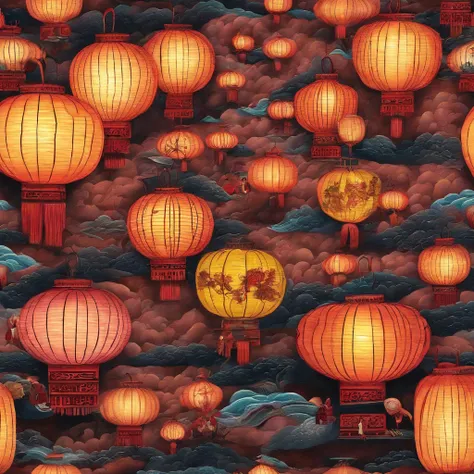 Festive lanterns, Family reunion, Moon cake, Moon viewing, Impressionism, Qi Baishi, Dragon dance, Panoramic view, Warm light, Holiday light, Colorful light