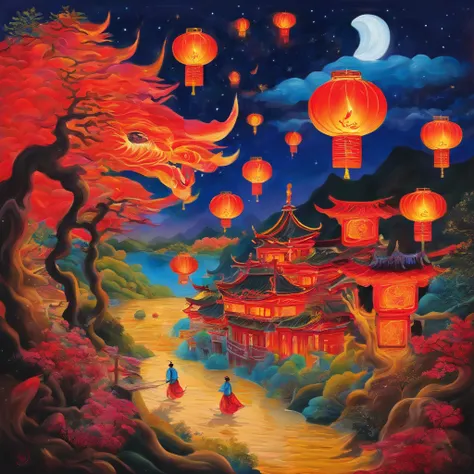 Festive lanterns, Family reunion, Moon cake, Moon viewing, Impressionism, Qi Baishi, Dragon dance, Panoramic view, Warm light, Holiday light, Colorful light