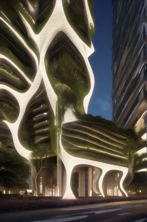 Singapore deconstruction parametric tower, street view , ultra design , cinematic lighting , plants on facade ,