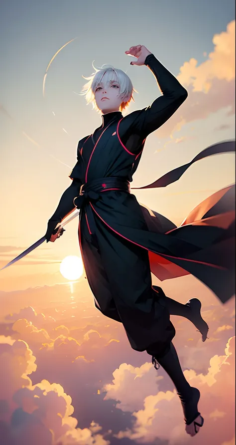 masterpiece, best quality, , 1boy(10 years), short white hair, wearing black ninja dress with full pant,cloud , floating in the sky, , bright, warm lighting, sunset,