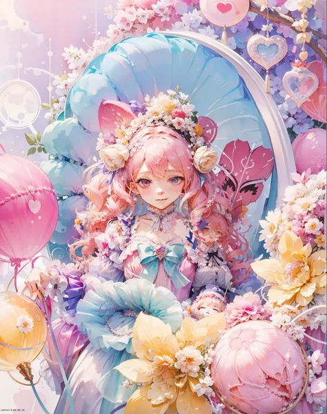 (Extremely delicate and beautiful:1.5),1girll, Sit in the strawberry dessert sundae，full bodyesbian，Sweet face，Light smile，By bangs, Gemstone eyes, Contre-Jour，Long curly hair, Lolita dress, A pink-haired, seen from the side, Lanterns, light particules, lo...