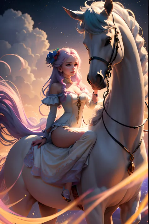 high quality, 8K Ultra HD, ultra-realistic, behold a mesmerizing spectacle -a very enchanting you woman dressed in a long flowing dress of many pastel colors, atop a unicorn. Like a painters brushstroke, 3d render, cinematic, photo, fashion--Tilt Shot Pewt...