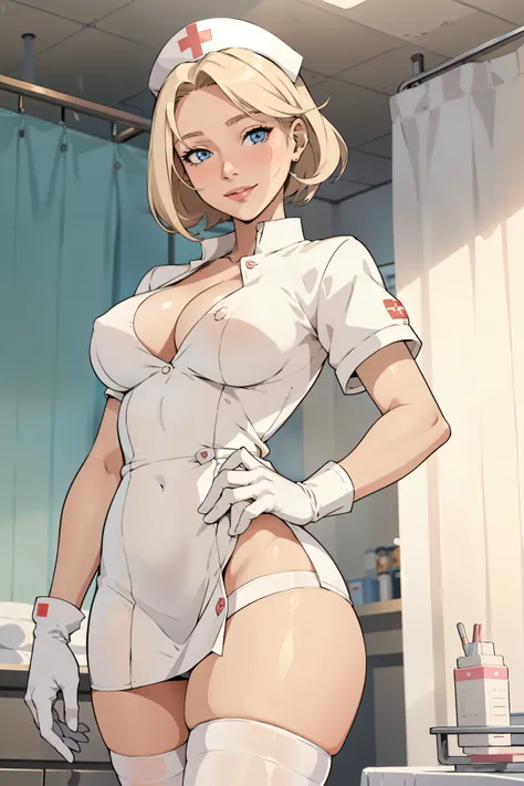 1woman, Nurse, nurse uniform, Nurse Cap, Whiteware, ((White legwear, zettai ryouiki)), White Gloves, Blonde hair, Blue eyes, pink lipsticks, Smile, Standing, sharp outline, Short sleeves, a mature female, 35 year old, Best Quality, masterpiece, infirmary, ...