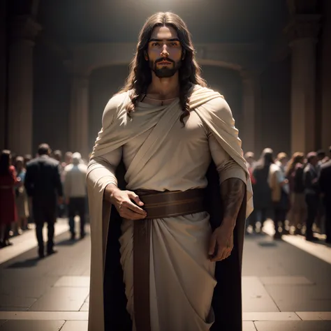 portrait of modern day Jesus, full body, cinematic lighting, depth of field, bokeh, realism, photorealistic, hyperrealism, professional photography, uhd, dslr, hdr, king, king jesus,