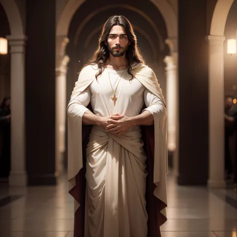 portrait of modern day Jesus, full body, cinematic lighting, depth of field, bokeh, realism, photorealistic, hyperrealism, professional photography, uhd, dslr, hdr, king, king jesus, detalied face,