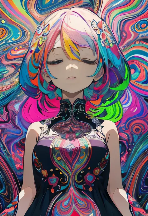 (psychedelic art:1.5), (from below:1.2), intricate dress, upper body, closed eyes,