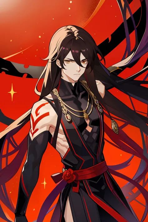 masterpiece, best quality, 1 male, handsome, tall muscular guy,black colour long hair, detailed face, brown eyes, red necklace,glowing, glitter,with red and black ninja dress , purple smoke comming from its body