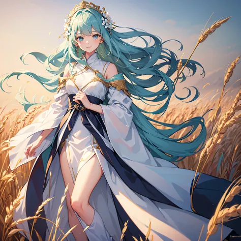 masterpiece, best quality, ultra highres, detailed illustration, portrait, detailed, 1girl standing in wheat field, solo, long hair, dress, flower, white hanfu, smile, full body, white flower, bare shoulders, very long hair, aqua hair, closed mouth, facing...