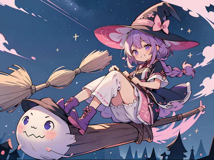 Pink Theme、One girl、Close、close angle、Medium Hair、Fragmented braid、One braid、A smile、Laugh、Beautiful expression、Purple hair、witchs hat、witch outfit、skull hair ornament、grin、Invincible smile、Bullish smile、Cute shoes、long boots、natta、nightcity、(Ride a broom ...