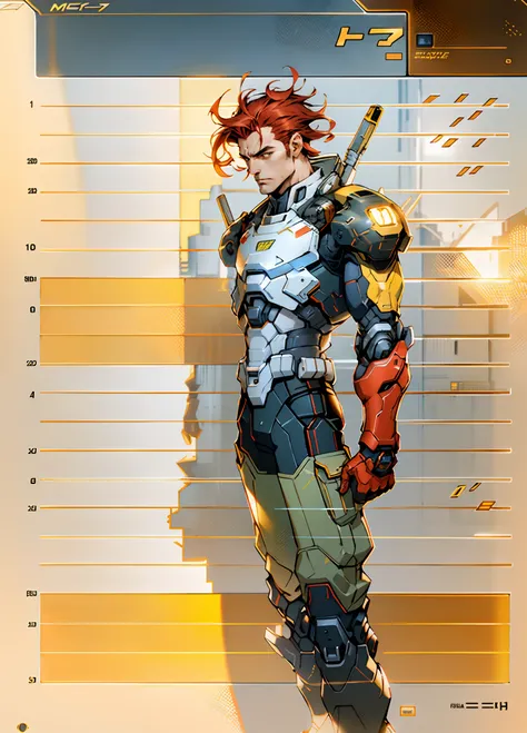 A man with short red-gold hair, hair slicked back, thick and disheveled hair, a cold and ruthless gaze, a confident expression, wears a two-piece futuristic military-style uniform, primarily in shades of white and red, accented by touches of yellow, stream...