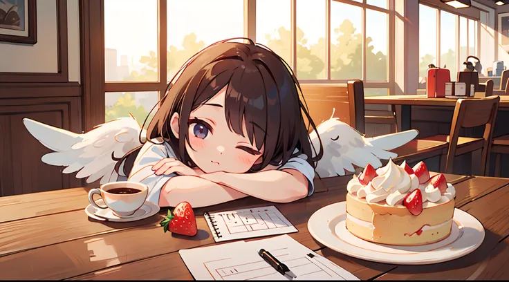 photoRealstic、Drawing of a girl with angel wings、Beautiful Angel Girl、Close one eye、Luxurious rooms in the coffee shop、Strawberry Shortcake and Coffee Set