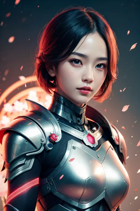 beautiful japanese young woman, wearing cyborg armor, thick symmetrical features, very short hair, background is cherry blossoms...