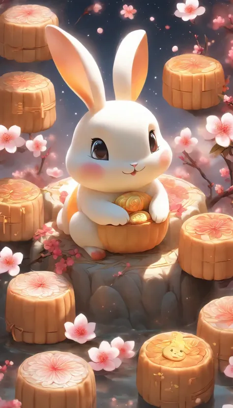 Sit on mooncakes and admire the cute rabbit of peach blossoms, Ultra-fine details, photo-realistic, A high resolution, Vibrant colors, with its soft fur, Fluffy tail, Small pink nose, Sparkling eyes, Round ears, Chubby body, White and gray fur, Vibrant pea...