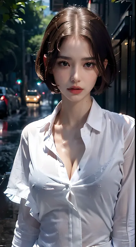 ((Best quality, 8k, Masterpiece :1.3)), Sharp focus :1.2, A pretty woman with perfect figure :1.4, Slender abs :1.2, ((Layered haircut, Big breasts :1.2)), (Wet white button up long shirt :1.1), (Rain, Street:1.2), Wet body :1.5, Highly detailed face and s...