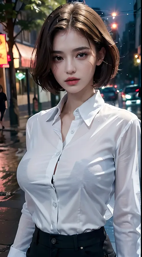 ((Best quality, 8k, Masterpiece :1.3)), Sharp focus :1.2, A pretty woman with perfect figure :1.4, Slender abs :1.2, ((Layered haircut, Big breasts :1.2)), (Wet white button up long shirt :1.1), (Rain, Street:1.2), Wet body :1.5, Highly detailed face and s...