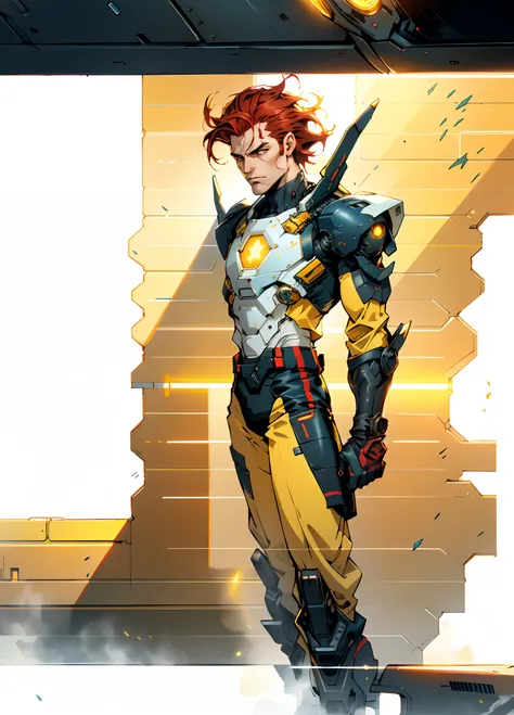 A man with short red-gold hair, hair slicked back, thick and disheveled hair, a cold and ruthless gaze, a confident expression, wears a two-piece futuristic military-style uniform, primarily in shades of white and red, accented by touches of yellow, stream...