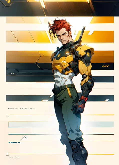 A man with short red-gold hair, hair slicked back, thick and disheveled hair, a cold and ruthless gaze, a confident expression, wears a two-piece futuristic military-style uniform, primarily in shades of white and red, accented by touches of yellow, stream...