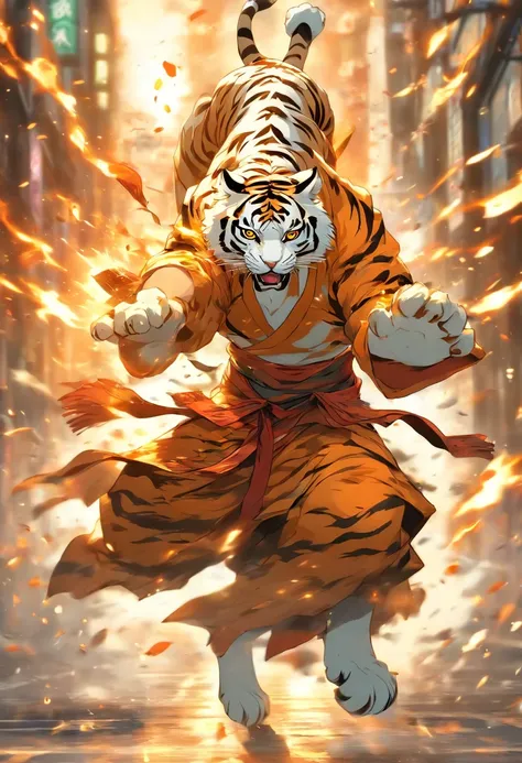 Tiger monk in combat kimono, in a fighting posture, On the road, to stand, White Tiger