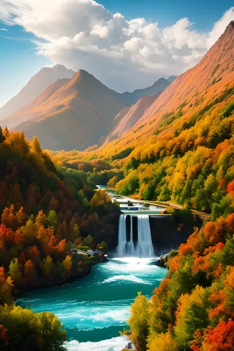 tmasterpiece，Ultimate quality，CG unity 8k wallpaper，Super delicate，Beautiful skies and clouds，Rich natural scenery，Xinjiang autumn，Lakes and rivers，Waterfall flying water，Aoyama is beautiful，Nowhere to be seen，Excellent view，A long-won photo contest，Backgr...