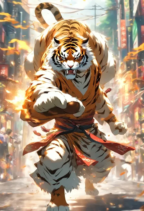 Tiger monk in combat kimono, in a fighting posture, On the road, to stand, White Tiger, humenoid body