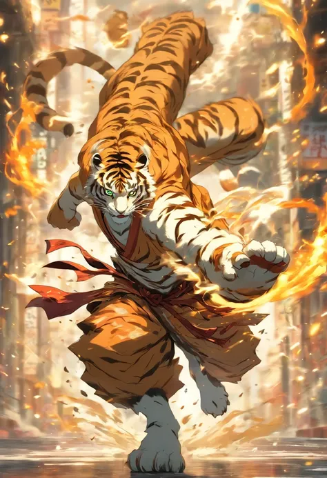 Tiger monk in combat kimono, in a fighting posture, On the road, to stand, White Tiger, humenoid body