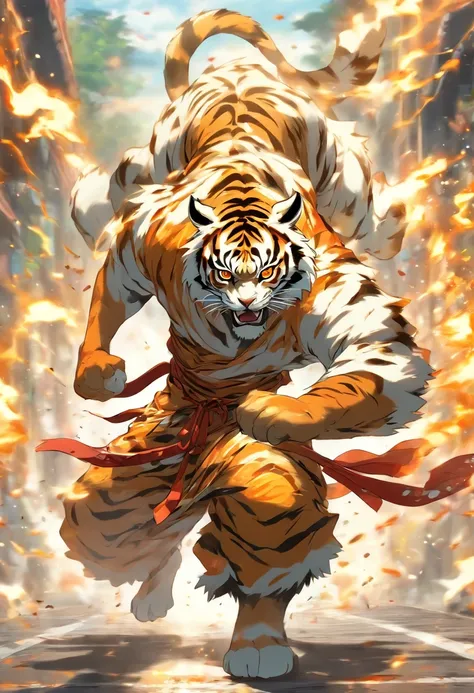 Tiger monk in combat kimono, in a fighting posture, On the road, to stand, White Tiger, humenoid body