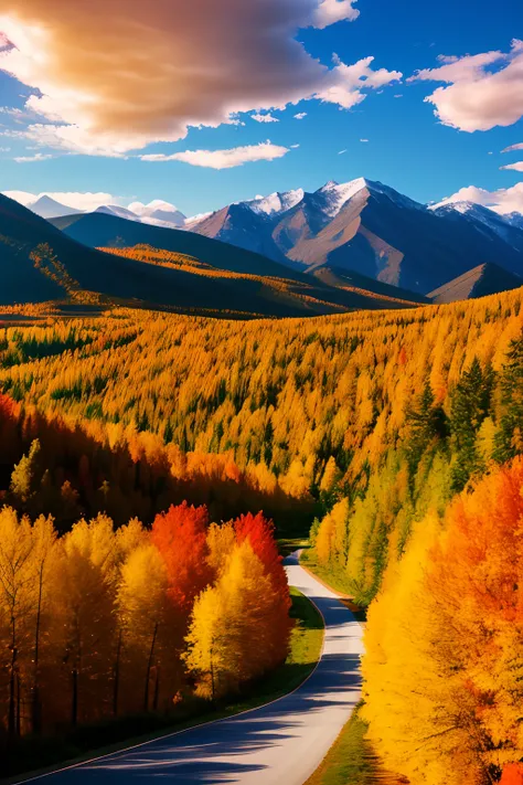 tmasterpiece，Ultimate quality，CG unity 8k wallpaper，Super delicate，Beautiful skies and clouds，Rich natural scenery，Autumn in Xinjiang，highways，Birch forest，snow mountains