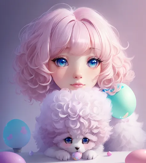 Beautiful animal poodle with dreamy eyes, volumetric lighting, hyper realistic, intricate details, illustration, drawing, watercolor, kawaii chibi, eating easter eggs, wow! , shallow depth of field, soft palette, soft light, minimalist, modern, digital pai...